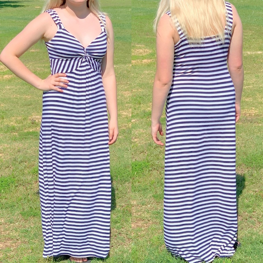 Navy Blue White Striped Maxi Dress